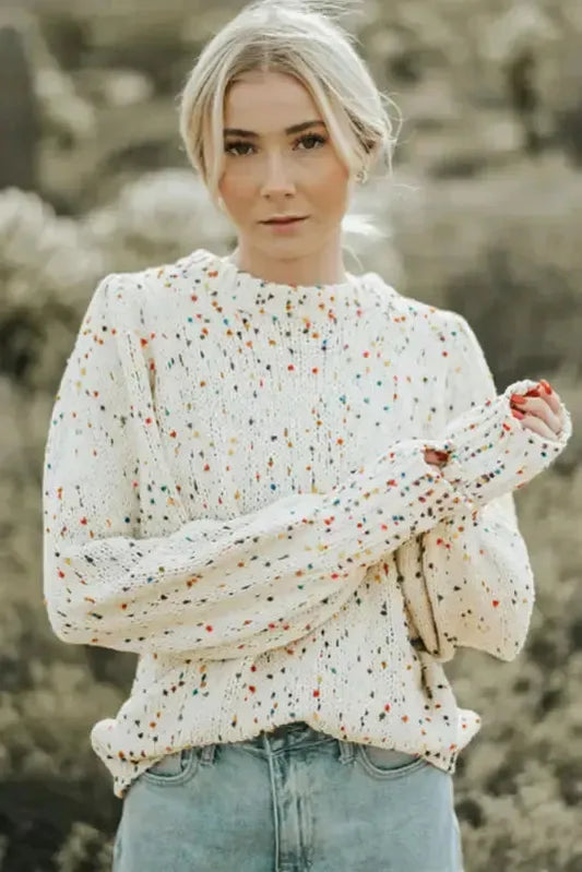 Dots Cable Knit Sweater - Beige Crew Neck-3