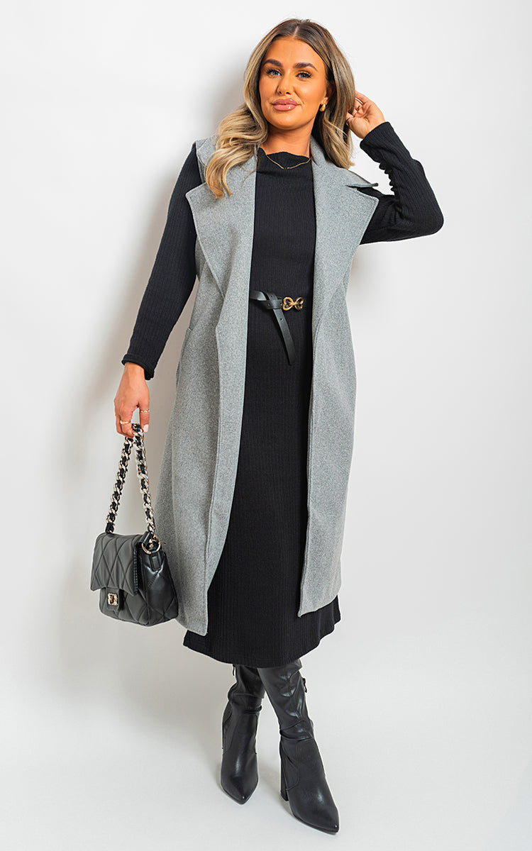 Longline Sleeveless Wide Lapel Waist Tie Jacket