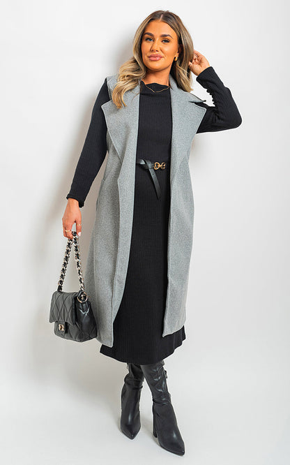 Longline Sleeveless Wide Lapel Waist Tie Jacket