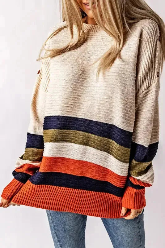White Buttoned Shoulder Drop Shoulder Striped Sweater-2