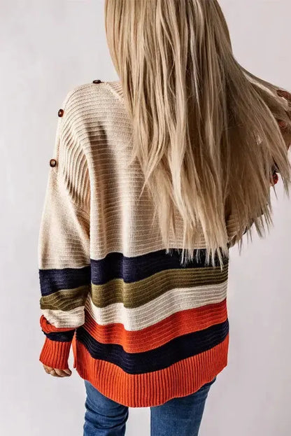White Buttoned Shoulder Drop Shoulder Striped Sweater-1